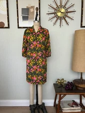Vintage 50s 60s Mod Floral Carol Brent Montgomery Ward Button Up Dress Medium
