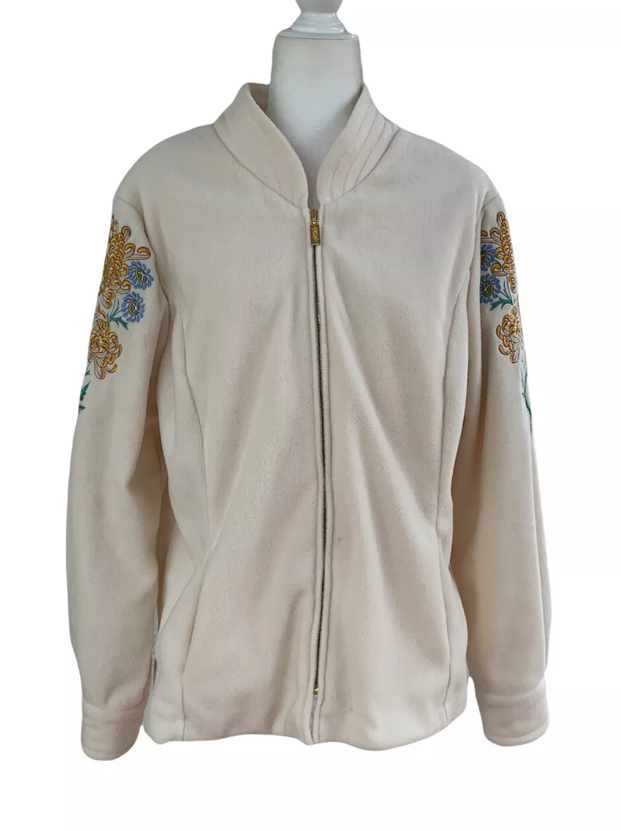 Vintage Bob Mackie Wearable Art Fleece Jacket with Floral Embroidered Sleeves