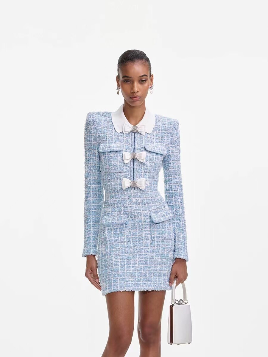 NEW Self-Portrait Collared Blue Knit Long Sleeve Mini Dress