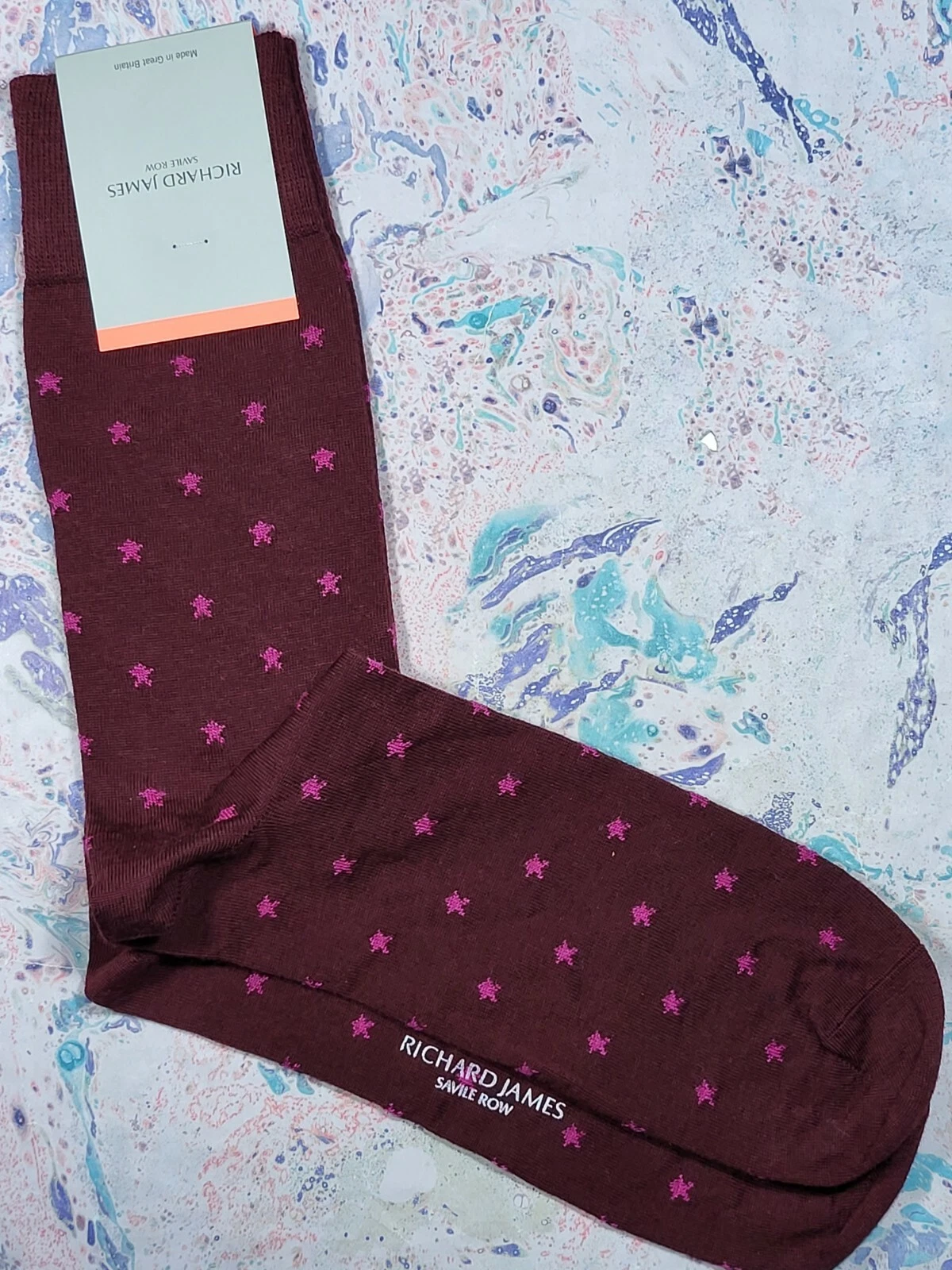 Richard James Savile Row Men's Welsh Wool Socks Maroon Stars Medium UK 7-9 £18