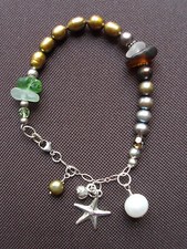 NEW HANDCRAFTED BEACH SEA GLASS BRACELET W/FRESHWATER PEARLS STARFISH