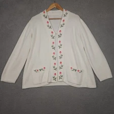 Vintage Sears Cardigan Sweater Womens Large White Crochet Floral Cottage Core