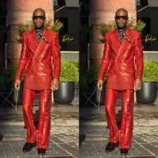 Red Sequined Men Suits Double Breasted Jacket Prom Party Blazer Evening Tuxedos