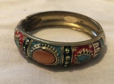 Vintage Bracelet Gold Tone and Brilliant Multicolor Enamel Hinged Bangle Cuff