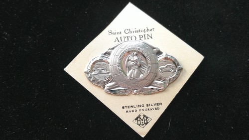 Vintage Saint Christopher Sterling Silver Auto Pin Hand Engraved New old Stock - Picture 3 of 4