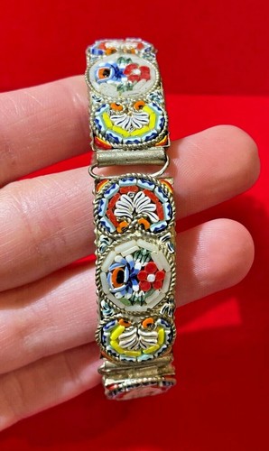 Vintage Venetian Millefiori Micro Mosaic Rose Flower link Silver Bracelet Italy - Picture 3 of 6