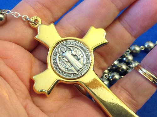 HUGE St BENEDICT ROSARY Stainless Saint Medal Large Crucifix Protection Two Tone - Picture 5 of 7