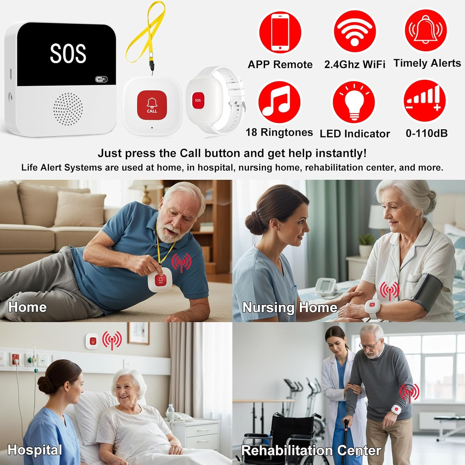 Wireless Caregiver Pager Life Alert System for Seniors No Monthly Fee, Wi-Fi APP