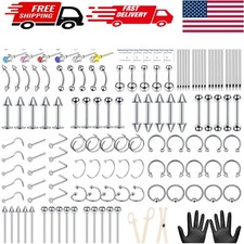 164PCS Professional Body Piercing Kit: Needles, Jewelry, Clamps  More