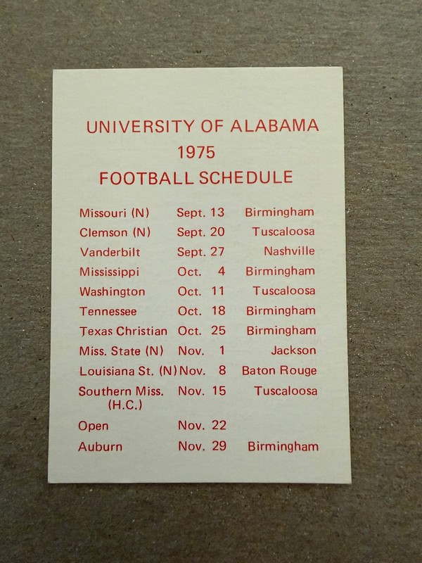 CFB 1975 ALABAMA CRIMSON TIDE Bama College Football Pocket Schedule University