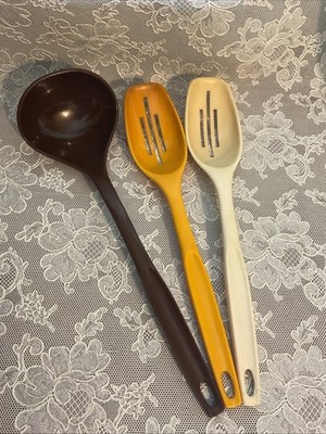 Set Of 3 Vintage FOLEY Nylon Slotted Spoons & Ladle Brown Yellow/orange White