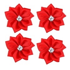 60 PCS Red Satin Ribbon Flowers Bows Rose With Rhinestone Appliques 1.1 Inch