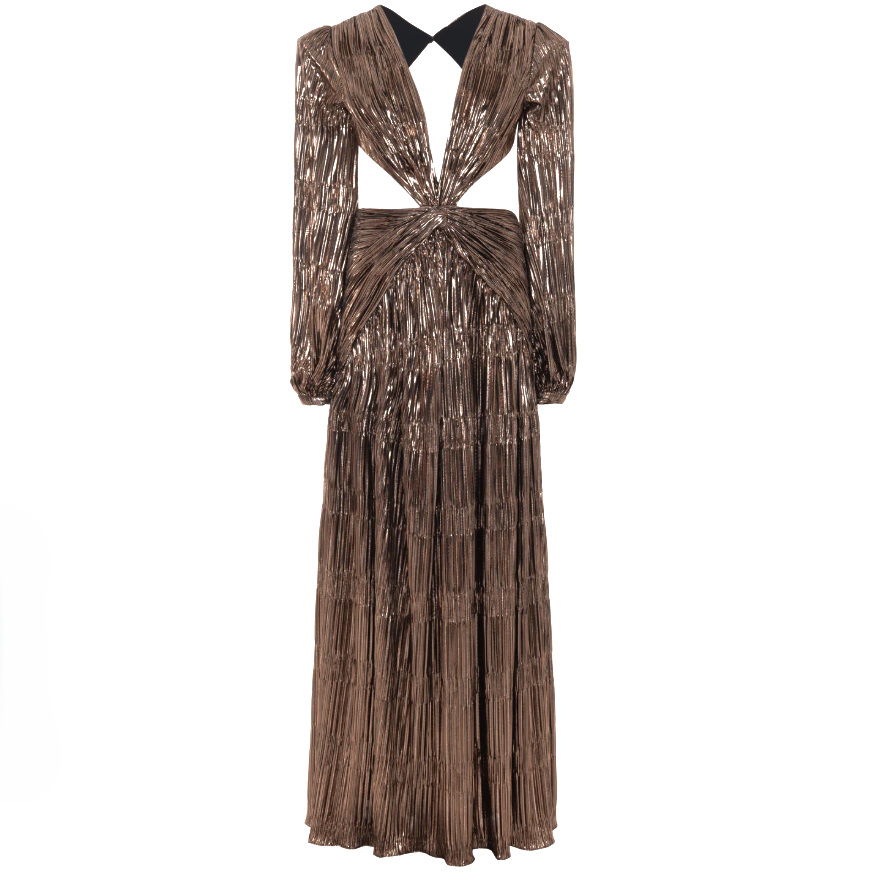 Patbo Long Sleeve Plisse Cut Out Metallic Pleated Gown In Gold Women's Size 2 Patbo Long Sleeve Plisse Cut Out Metallic Pleated Gown In Gold Women's Size 2