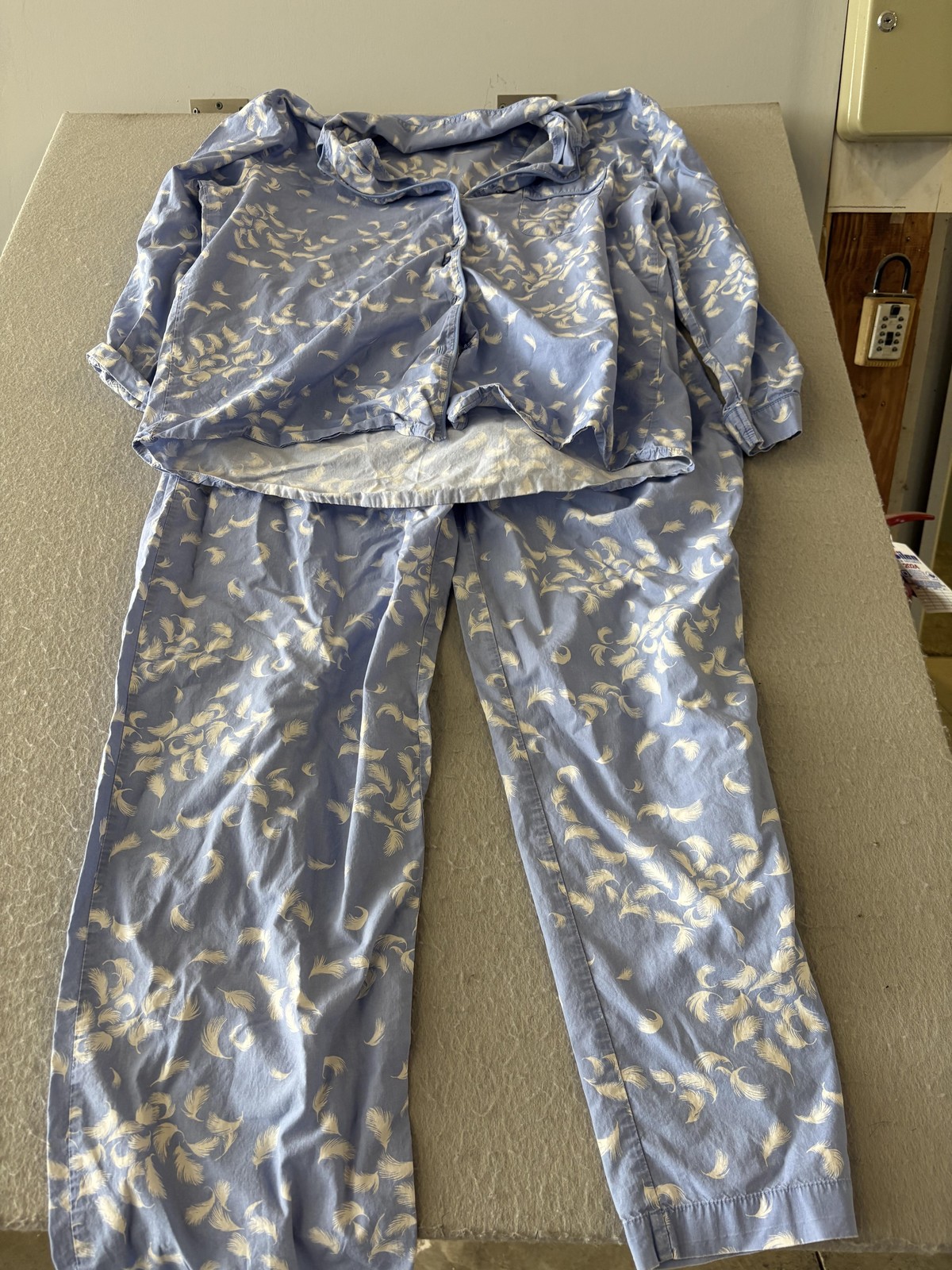 Victoria's Secret Pajama Set Womens Medium Blue Feather Print Cotton Long Sleeve