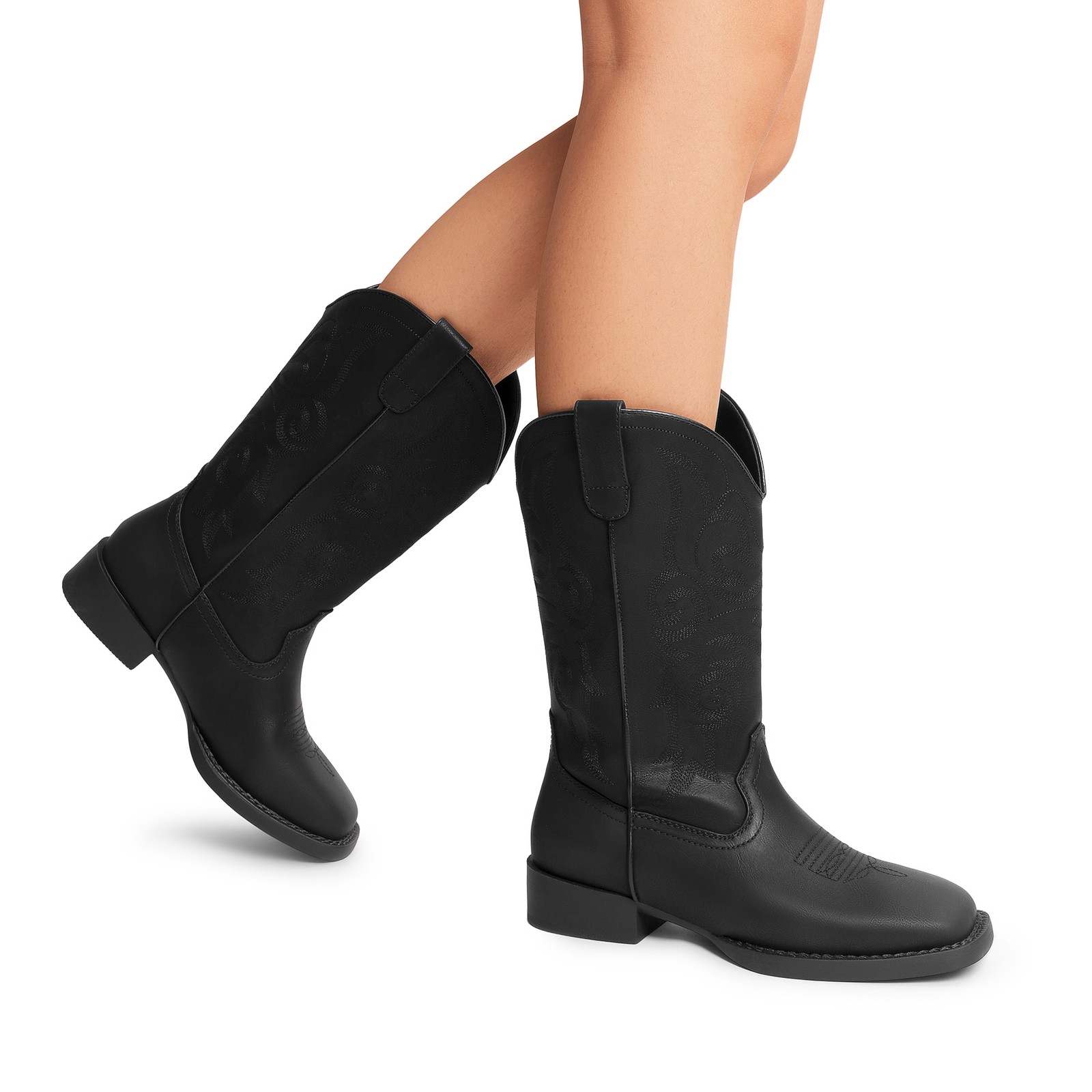 Women Mid Calf Boots Cowboy Cowgirl Boots Embroidered Square Toe Western Boots