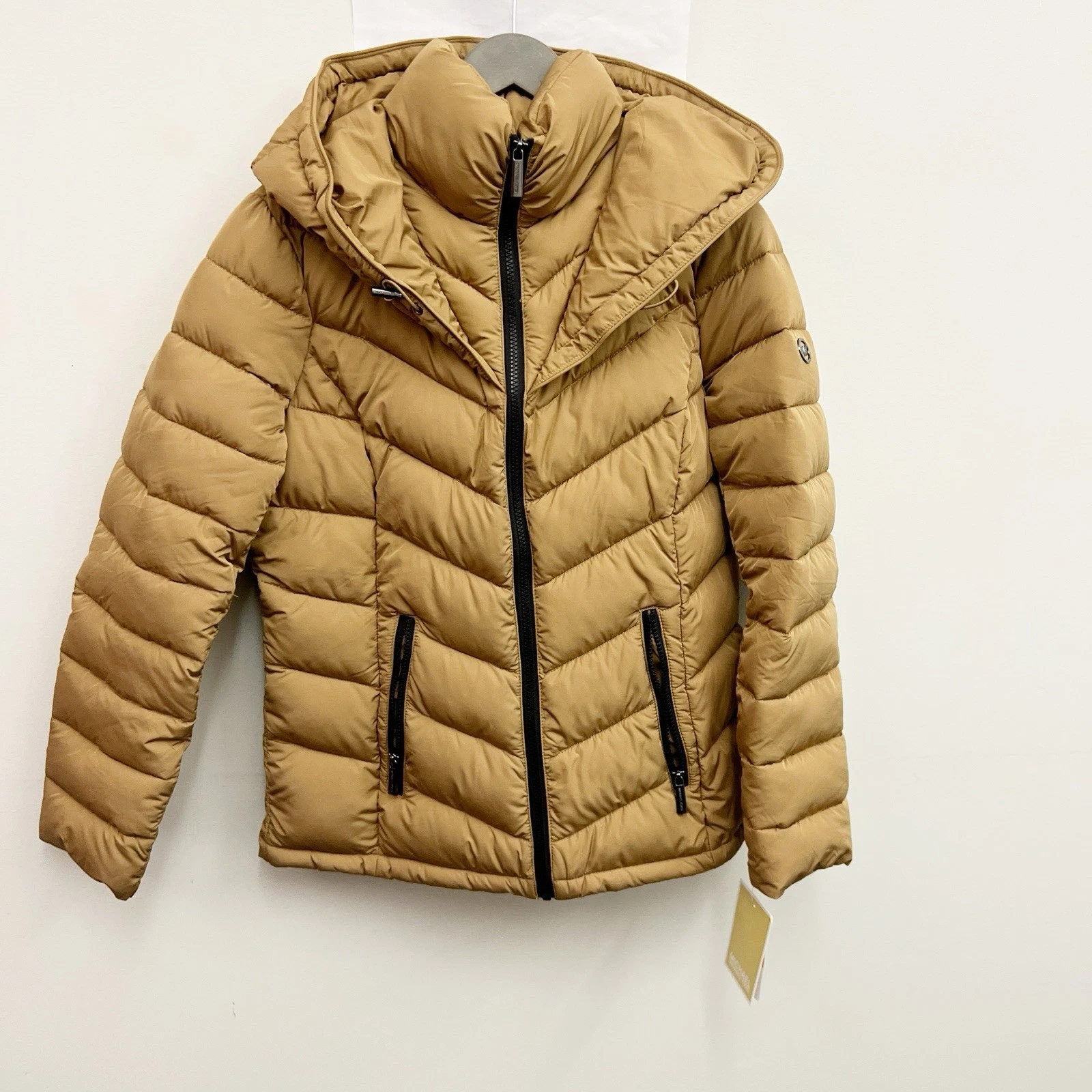 NUOVO MICHAEL KORS GIACCA DONNA IMPACCHETTABILE PIUMINO IMBOTTITO KAKI CON CAPPUCCIO TAGLIA S