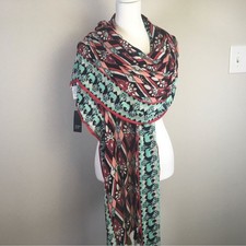 NWT Crown & Ivy 28"x76" Aqua Navy Global Traveler Pom Tassel Obong Scarf Shawl