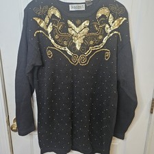 Vintage Black Sweater Gold Sequin Bead Embellishments 90s Size Large Y2K Retro