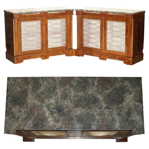 PAIR OF REGENCY STYLE MAHOGANY & BRASS RADIATOR COVERS WITH STORAGE SHELVES