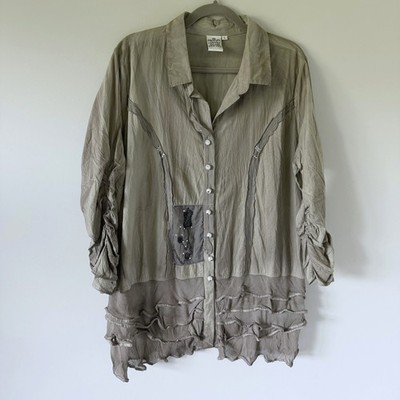Parsley & Sage Womens Olive Cotton Ruffle Tunic Boho Top L Art Lagenlook Fairy