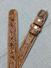 vintage TOOLED buckle belt 34 brown RANGER cowhide leather WESTERN floral