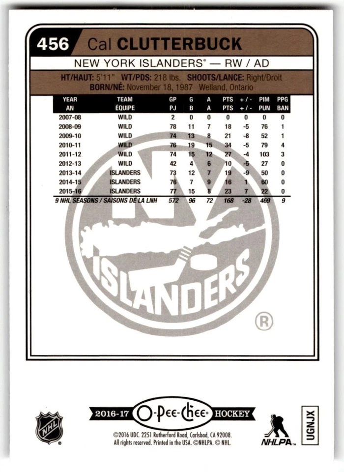 Cal Clutterbuck 2016-17 O-Pee-Chee Rainbow #456 New York Islanders - Image 2 of 2