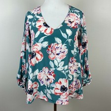 Vici Blouse Top Women Small Green Floral Balloon Sleeve V-Neck High Low Feminine