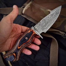 10"Handmade Damascus Hunting Knife ideal skinning camping outdoor EDC bushcraft