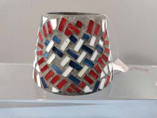 NEW HOME INTERIORS DECORATIVE MOSAIC RED WHITE BLUE GLASS JAR CANDLE TOPPER USA