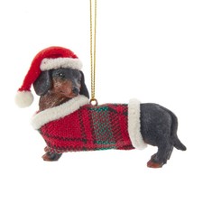 Dachshund Black and Tan With Plaid Coat and Santa Hat Ornament