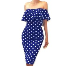 Got Style Blue White Polka Dot Off Shoulder Midi Dress