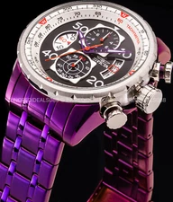 Invicta Mens AVIATOR CHRONOGRAPH Silver Case Bezel BLACK DIAL PURPLE Strap Watch