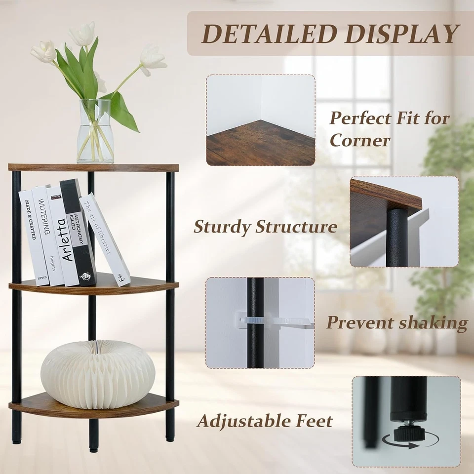 Estantería de esquina de 3 niveles soporte 28 pulgadas rústica industrial estantería de esquina almacenamiento... Foto 4 de 4