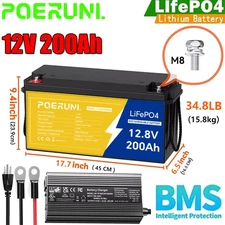 NEW 200Ah 12V LiFePO4 Lithium Battery 2560Wh Built-in BMS whit 14.6V 20A Charger