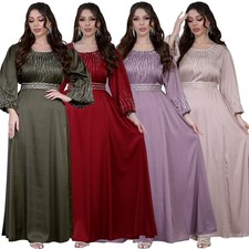 Rhinestone Women Dubai Party Banquet Gown Elegant Loose With Belt Maxi Dresses