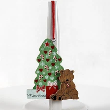 Vtg Mother Moose Yellowstone National Park Wood Tree w/Bear Handcrafted Ornament