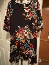 Floral Print Shift Dress, Multicolor, Ruffle Accents, Short Sleeve, Knee Length