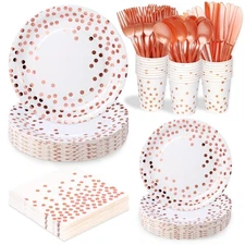 White and Rose Gold Party Supplies, 175 Pcs Disposable Dinnerware Set Serves ...