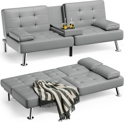 Gray Leather Futon Sofa Bed with Adjustable Recliner & Cup Holders