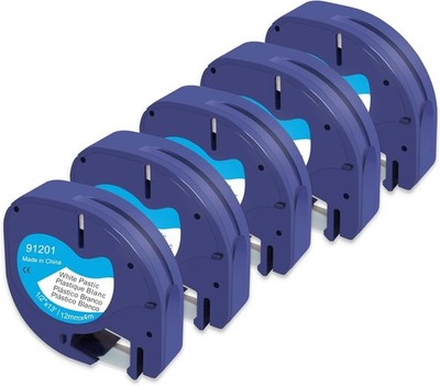 5erPack kompatible Dymo LetraTag Etikettenbänder   12 mm x 4 m, Schwarz auf W...