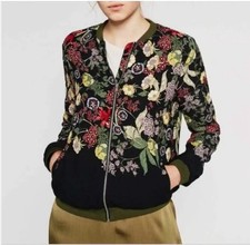 Zara TRF Outerwear Floral Bomber Jacket Full Zip Size S Relaxed Pockets Chic
