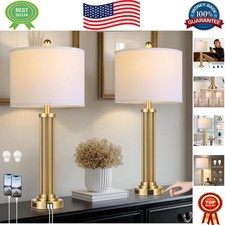 Set of 2 Gold Bedside Lamps with AC Outlet  Dimmable Touch Control, 28" High