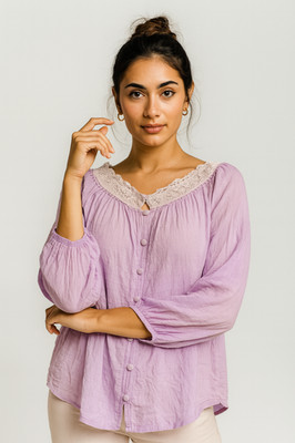 Davi & Dani Purple Cottagecore Button Boho Lace Trim Blouse Lilac Romantic NG20