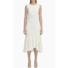 NWT Calvin Klein Women's Sleeveless Ruffle Flounce Hem Midi Dress Size 10P White