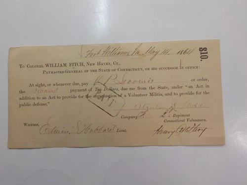 Civil War Document 1864 Fort Williams Virginia 2nd Connecticut Check Signature