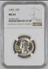 1943  -GEORGE WASH QUARTER "NGC  MS-65"  (GEM BU). Our T5104