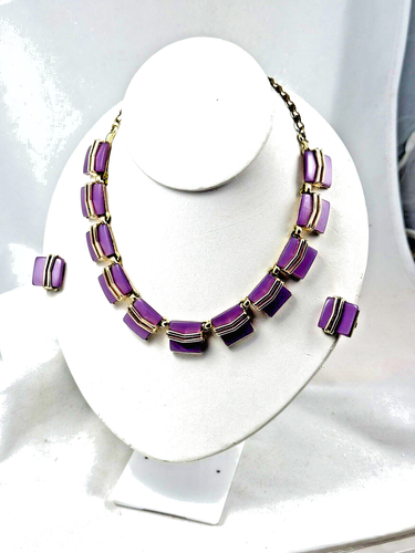 Necklace Clip On Earrings Thermoset SET Purple Lavender Gold Tone Adjustable