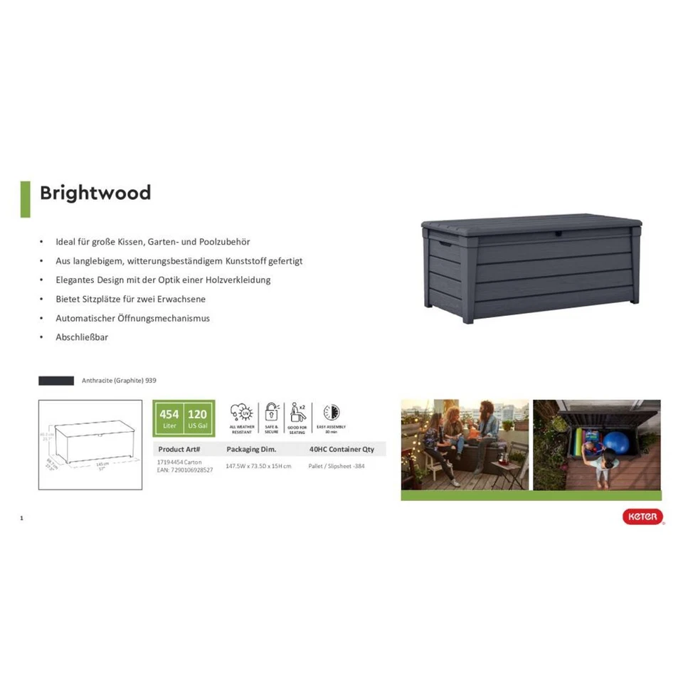 Kissenbox 454L Grau Garten Truhe Außen Aufbewahrung Deckel Kiste Geräte Auflagen - Bild 4 von 4