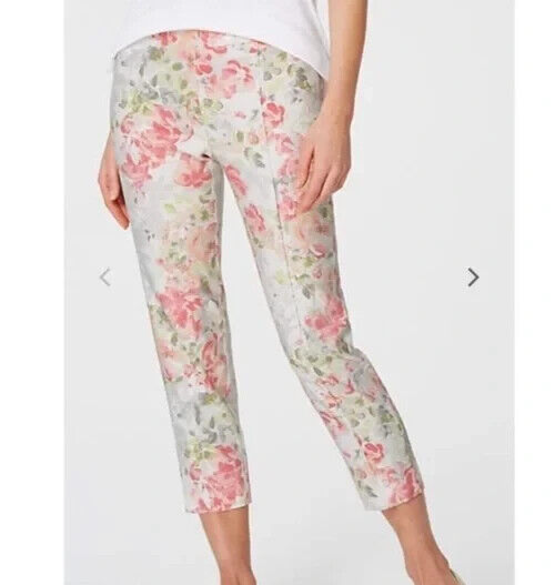 NEW J Jill  Floral Linen Stretch Crop Pants Coral Cream Pull On Lightweight LRG