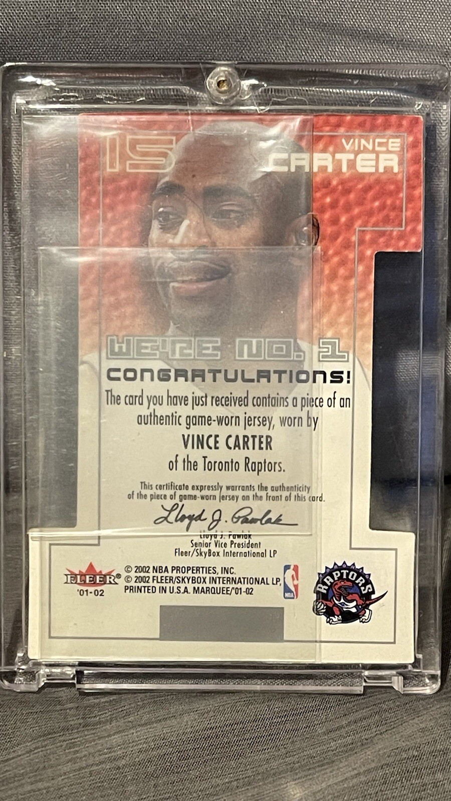 01-02 Fleer Marquee DieCut We’re No 1🔥Vince Carter Game used Logoman Jersey 1/1 view 4
